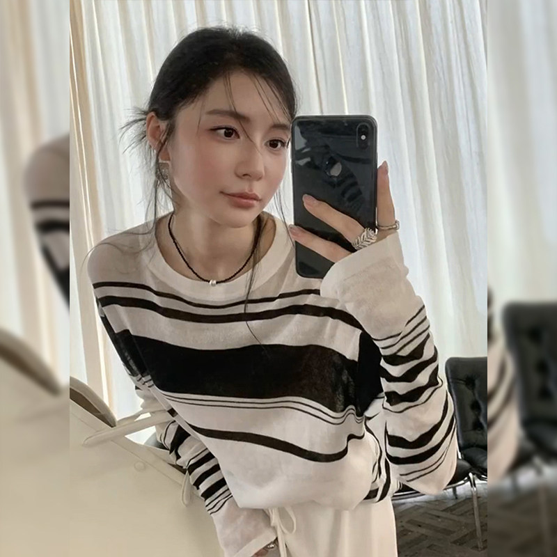 条纹冰丝针织防晒罩衫微透t恤薄