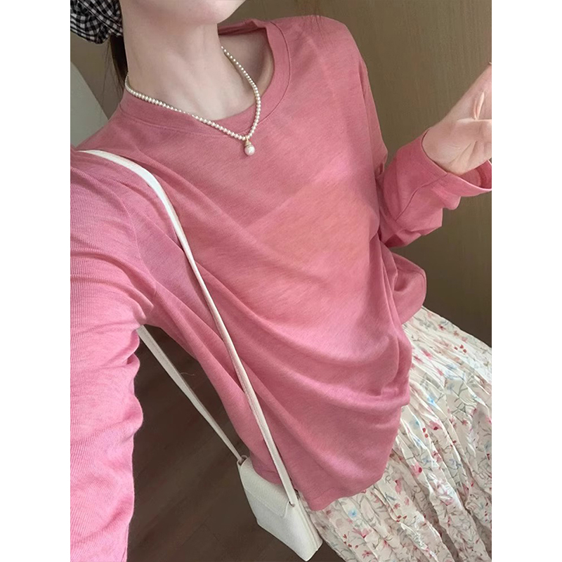 韩系粉色微透天丝防晒罩衫女夏季多巴胺正肩宽松长袖t恤薄纱上衣
