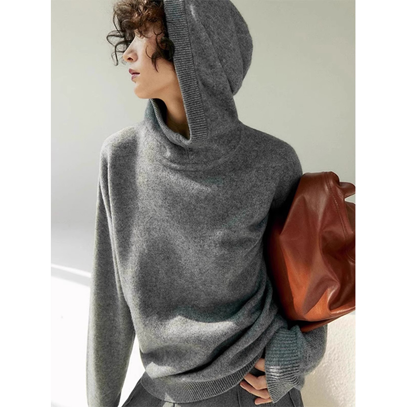高级感连帽灰色毛衣针织衫女秋冬