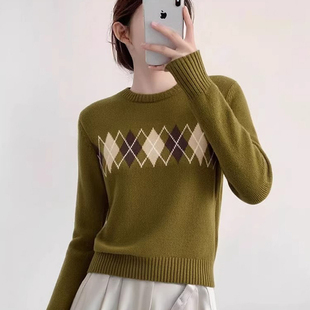 欧货复古绿色菱格圆领毛衣女秋冬高级感修身内搭打底针织衫短上衣