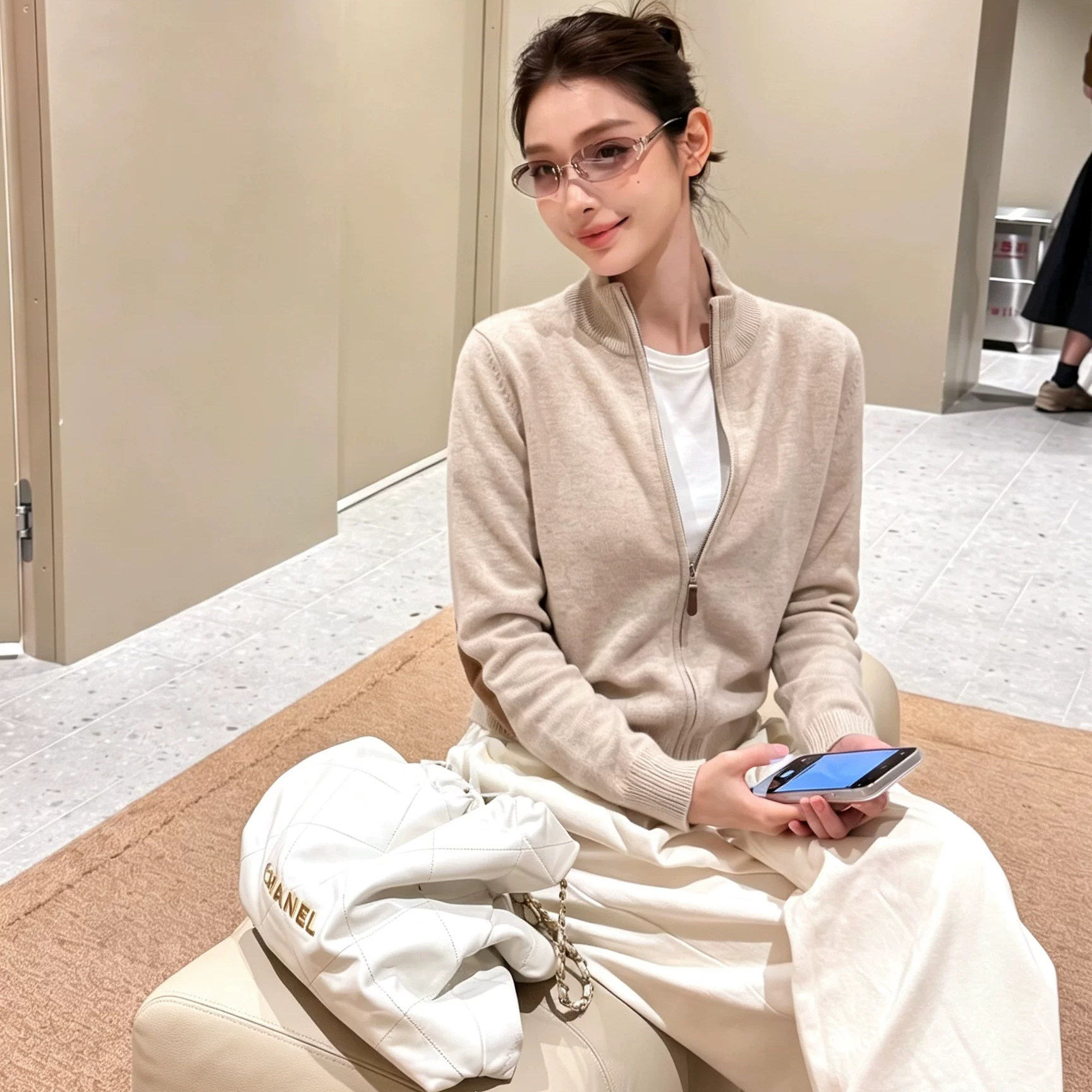 燕麦色立领拉链针织开衫老钱外套