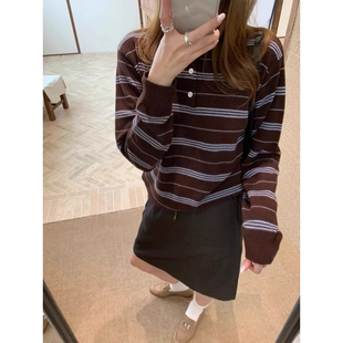 棕色条纹miu系针织polo衫女秋冬老钱学院风穿搭宽松毛衣长袖上衣