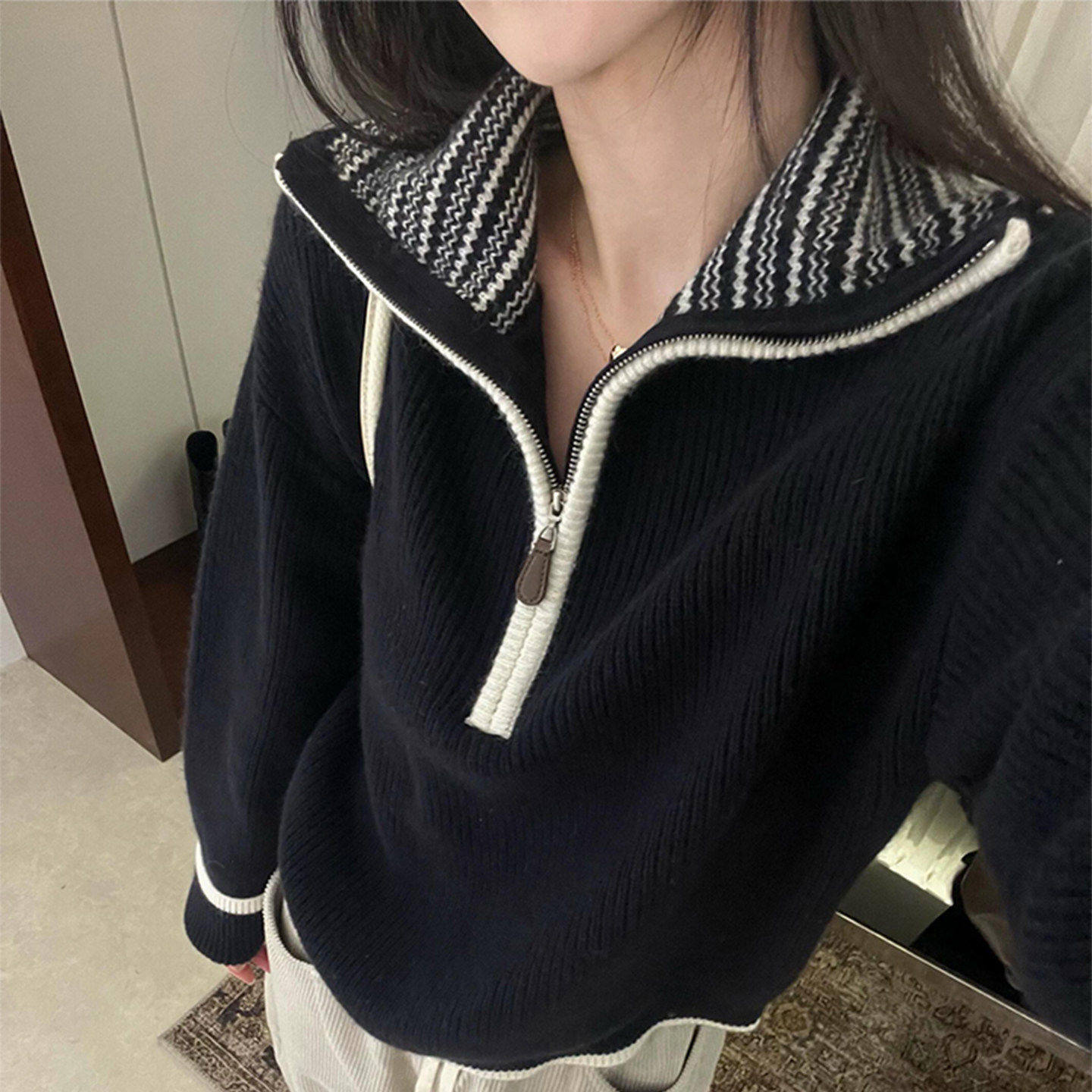 老钱风撞色浣熊绒高领毛衣女秋冬