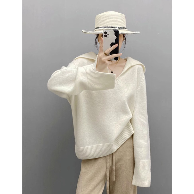 法式慵懒松弛感翻领白色套头毛衣女冬季宽松软糯V领针织内搭上衣