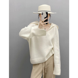 法式慵懒松弛感翻领白色套头毛衣女冬季宽松软糯V领针织内搭上衣