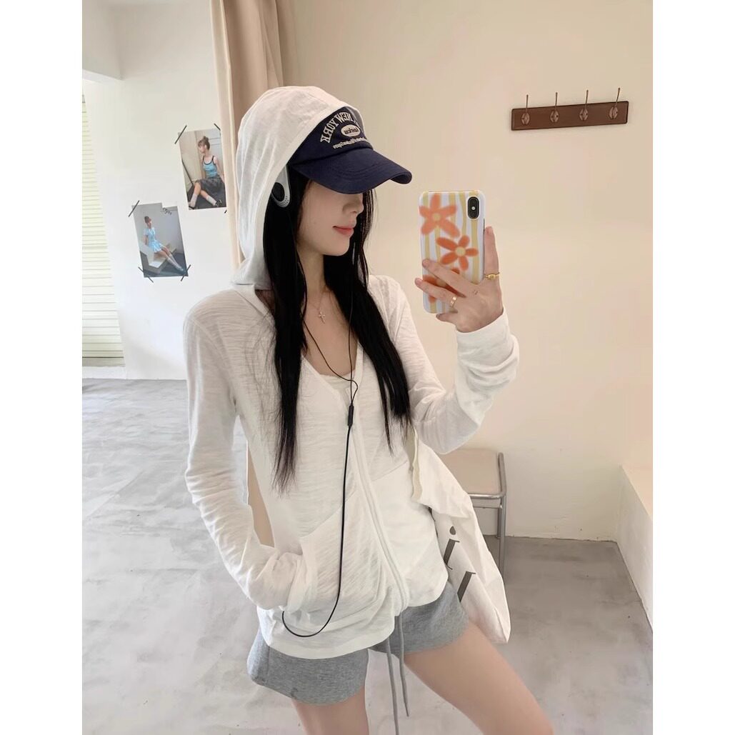 韩系白色连帽拉链防晒外套女夏季慵懒风外搭罩衫薄款运动开衫上衣