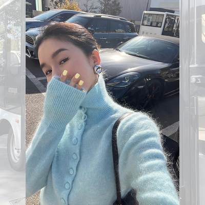 马海毛高领毛衣软糯针织开衫上衣