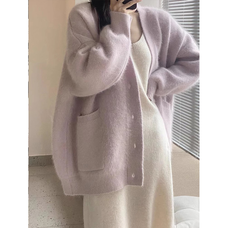 紫色软糯仿水貂绒v领毛衣外套女秋冬外搭慵懒风宽松针织开衫上衣