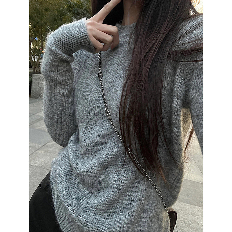 韩系灰色马海毛针织羊绒衫女秋冬修身显瘦打底衫毛衣内搭软糯上衣