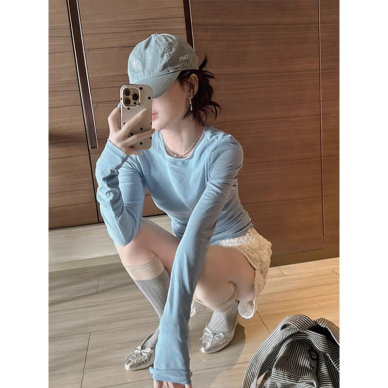 长袖修身正肩蓝色打底衫女薄款T恤内搭2025秋季微透防晒罩衫上衣