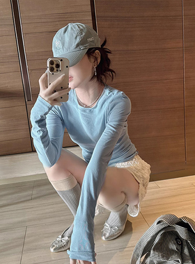 长袖修身正肩蓝色打底衫女薄款T恤内搭2026秋季微透防晒罩衫上衣