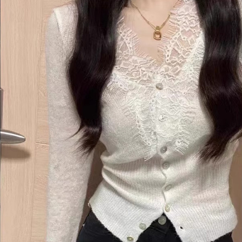 轻熟白色蕾丝v领针织衫女秋冬季小香风修身收腰内搭打底开衫上衣