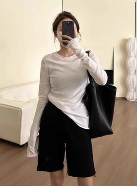 薄款白色修身防晒罩衫T恤女春秋季辣妹微透正肩长袖打底内搭上衣