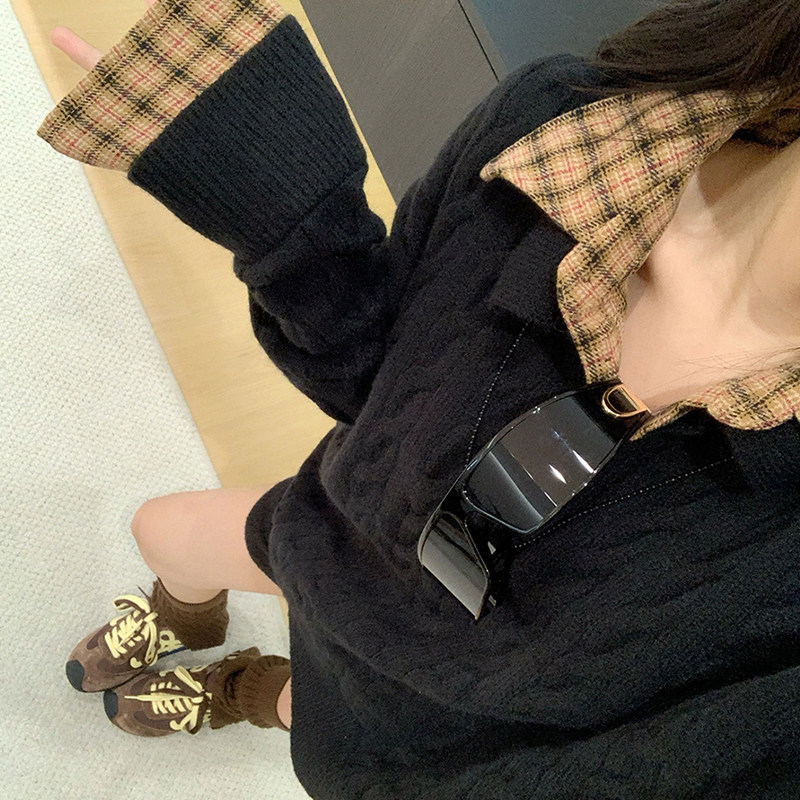 韩系老钱风黑色假两件麻花毛衣女秋冬polo翻领宽松软糯针织衫上衣