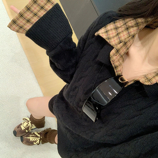 韩系老钱风黑色假两件麻花毛衣女秋冬polo翻领宽松软糯针织衫上衣