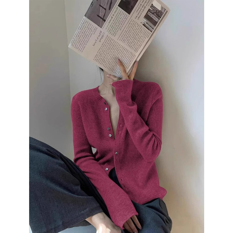 树莓粉色针织衫女薄款外套春秋季