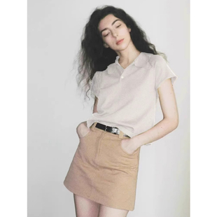 美式Polo领针织衫短袖女夏季宽松短款白色T恤设计感正肩翻领上衣