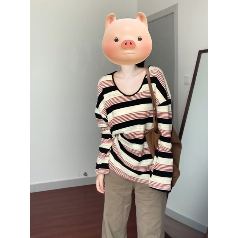 美式撞色条纹V领长袖T恤罩衫宽松