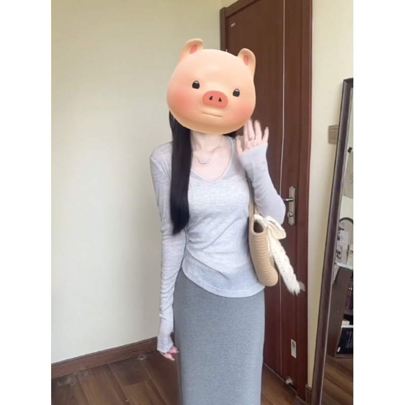 灰色v领正肩长袖t恤女春夏季大领口修身显瘦防晒罩衫薄款微透上衣