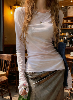 韩系白色修身圆领长袖t恤女秋冬薄款微透内搭打底罩衫高级感上衣