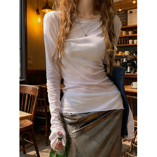 韩系白色修身圆领长袖t恤女秋冬薄款微透内搭打底罩衫高级感上衣