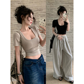 正肩低U领短袖 紧身修身 体恤纯欲露脐上衣 T恤女夏季 辣妹大领口短款