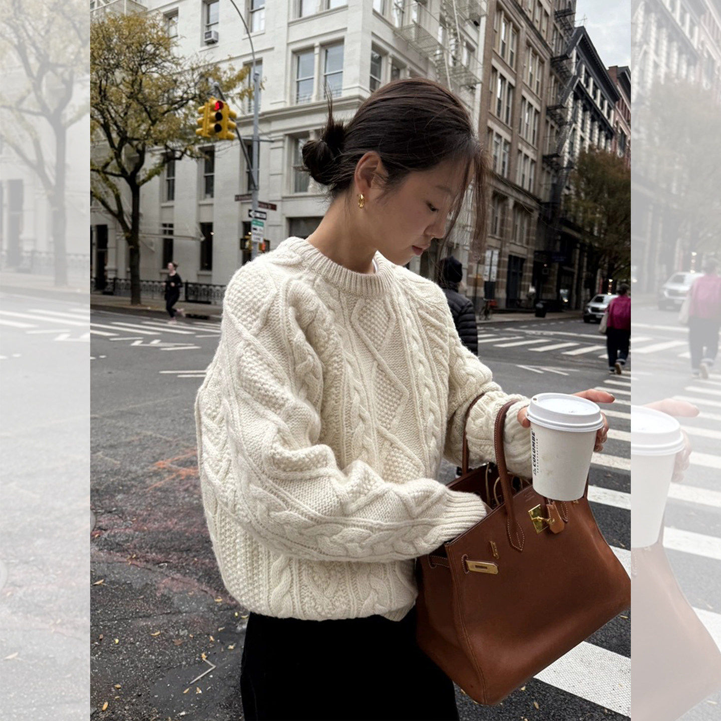 韩系复古白色圆领麻花毛衣女秋冬外穿慵懒高级感宽松针织衫上衣厚