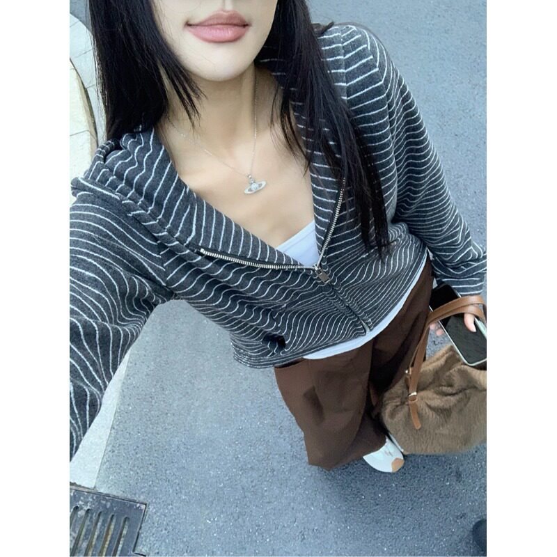 美式复古条纹连帽卫衣外套女秋冬巨好看宽松显瘦针织开衫短款上衣