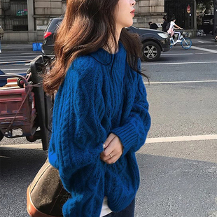 欧货复古克莱因蓝麻花毛衣女秋冬慵懒高级感宽松针织衫内搭上衣厚