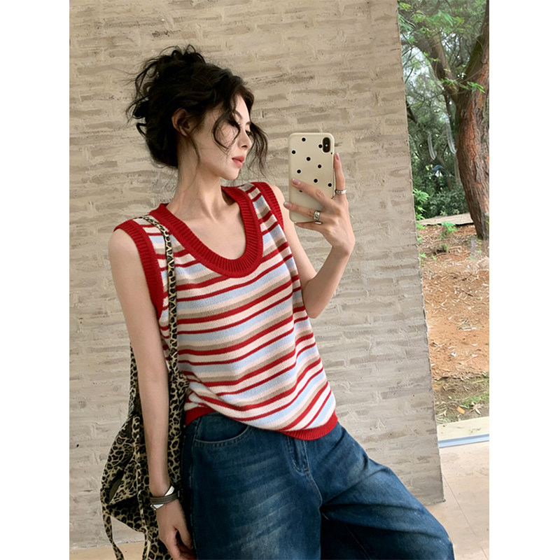 韩系红色条纹u领冰丝吊带背心女夏季外搭叠穿宽松无袖针织衫上衣
