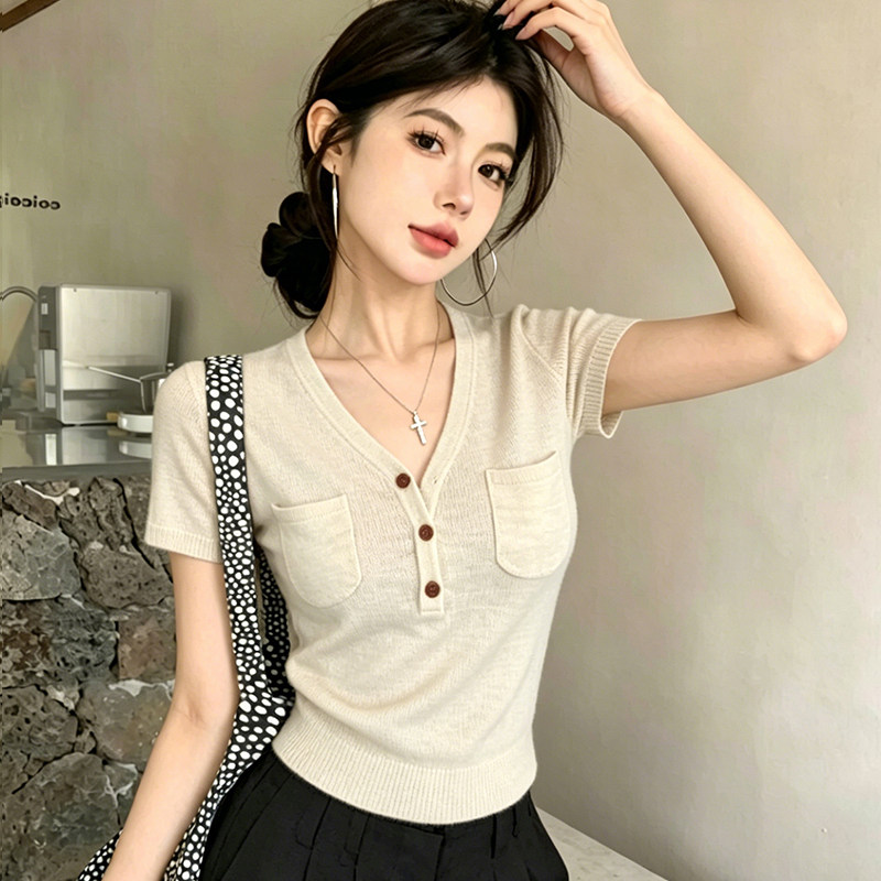 老钱风亚麻杏色v领针织短袖女夏季穿搭正肩休闲修身显瘦t恤衫上衣