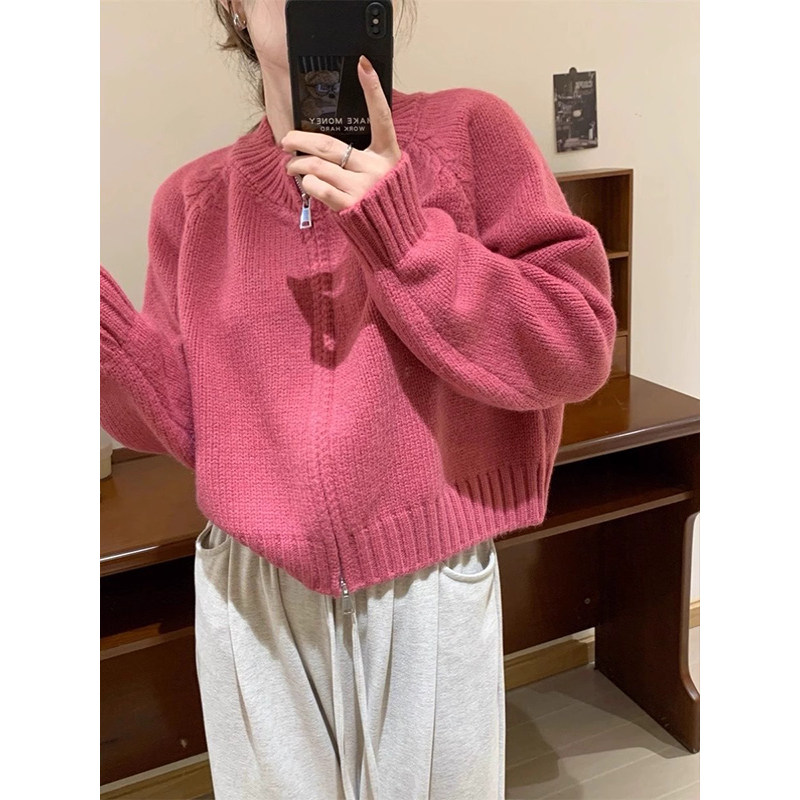 小香风树莓粉双拉链毛衣外套开衫