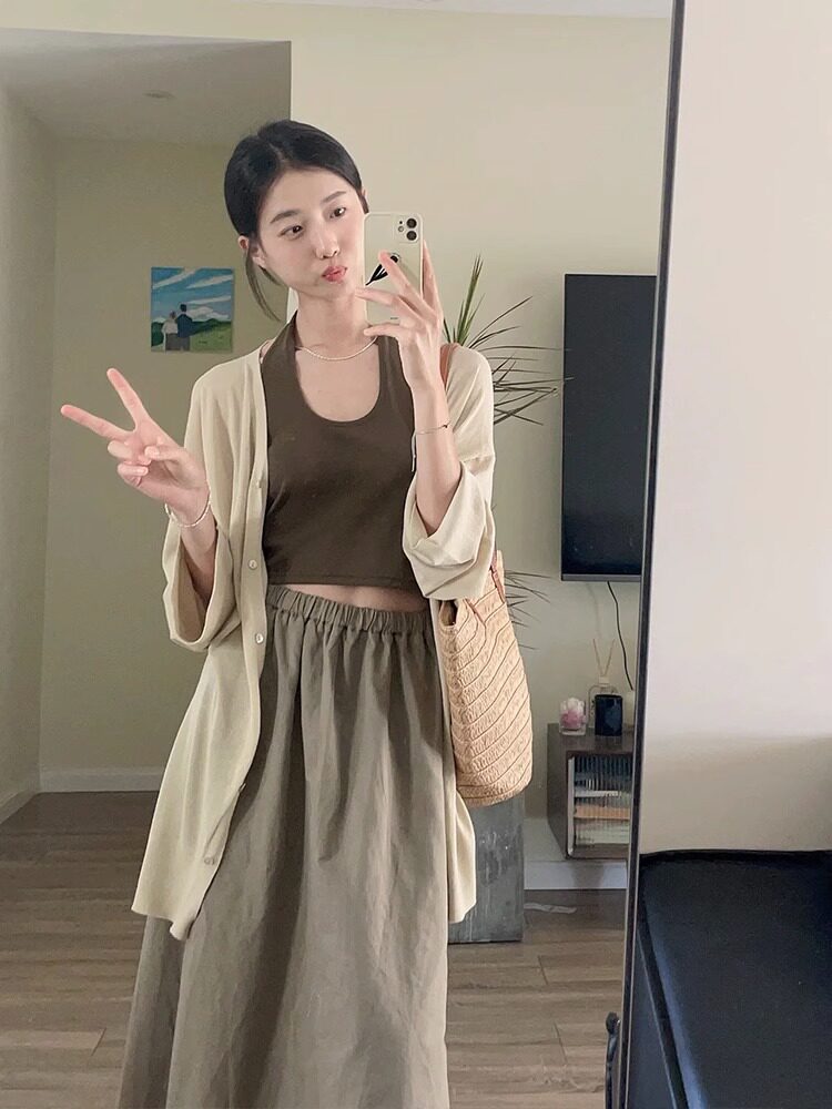 杏色冰丝针织开衫防晒罩衫女夏季薄款披肩外套宽松空调衫外搭上衣