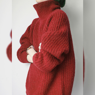 法式复古红色高领厚毛衣女秋冬老钱风慵懒宽松针织衫内搭打底上衣