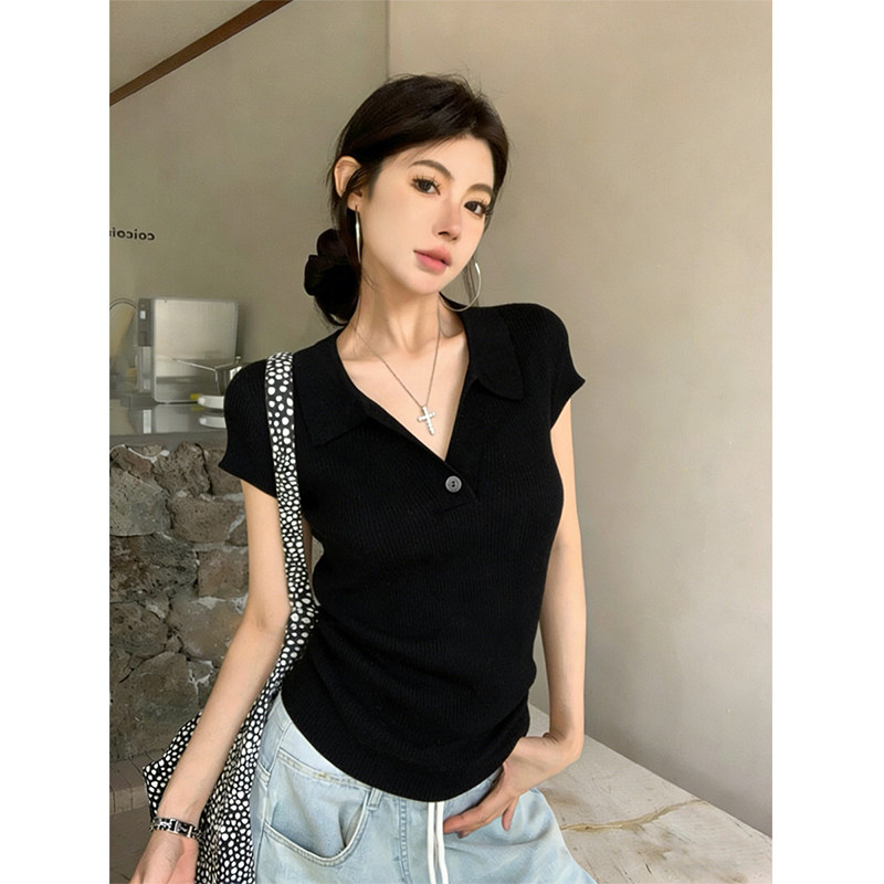高知黑色针织短袖polo衫女夏季老钱风穿搭小飞袖正肩修身t恤上衣