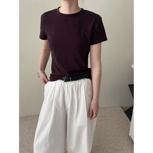 深紫色圆领正肩短袖t恤女夏季老钱风穿搭基础款简约宽松显白上衣