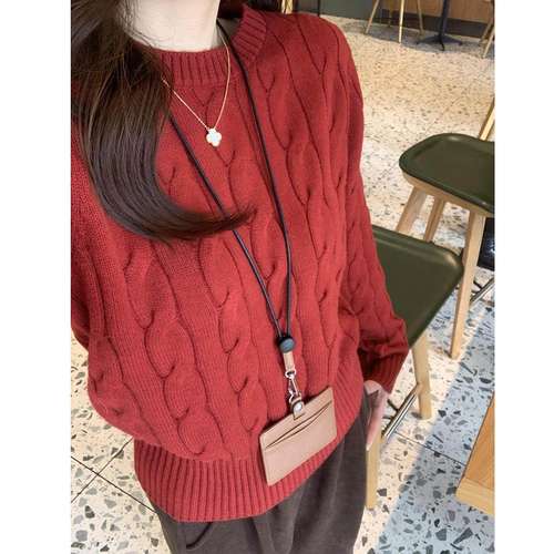 老钱风圆领麻花毛衣短款针织上衣