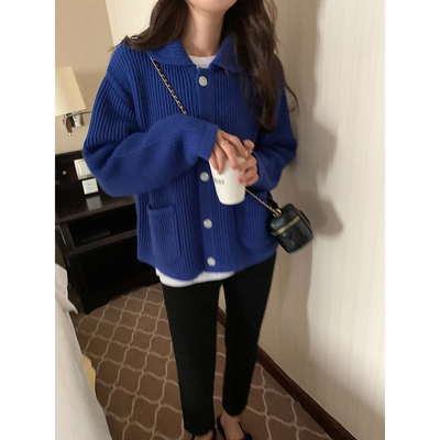 复古翻领毛衣外套慵懒风针织开衫