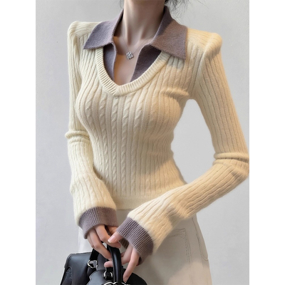 假两件撞色麻花毛衣修身针织上衣