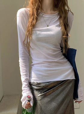 韩系辣妹白色长袖T恤女春秋季薄款微透防晒罩衫修身打底内搭上衣