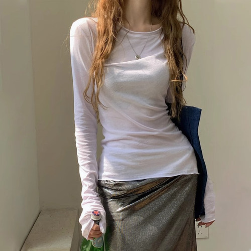 辣妹微透白色长袖T恤罩衫女春秋