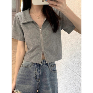 灰色双拉链正肩翻领短袖t恤女夏季宽松高腰短款冰丝polo衫bm上衣