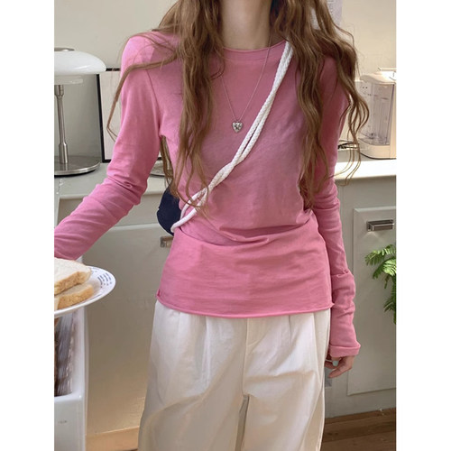 韩系粉色长袖T恤薄款防晒罩衫女