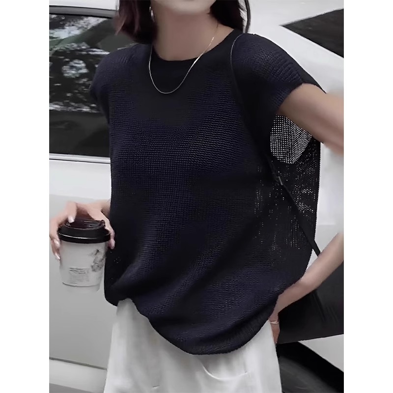 时髦洋气黑色镂空针织背心女夏季小飞袖叠穿宽松马甲罩衫无袖上衣