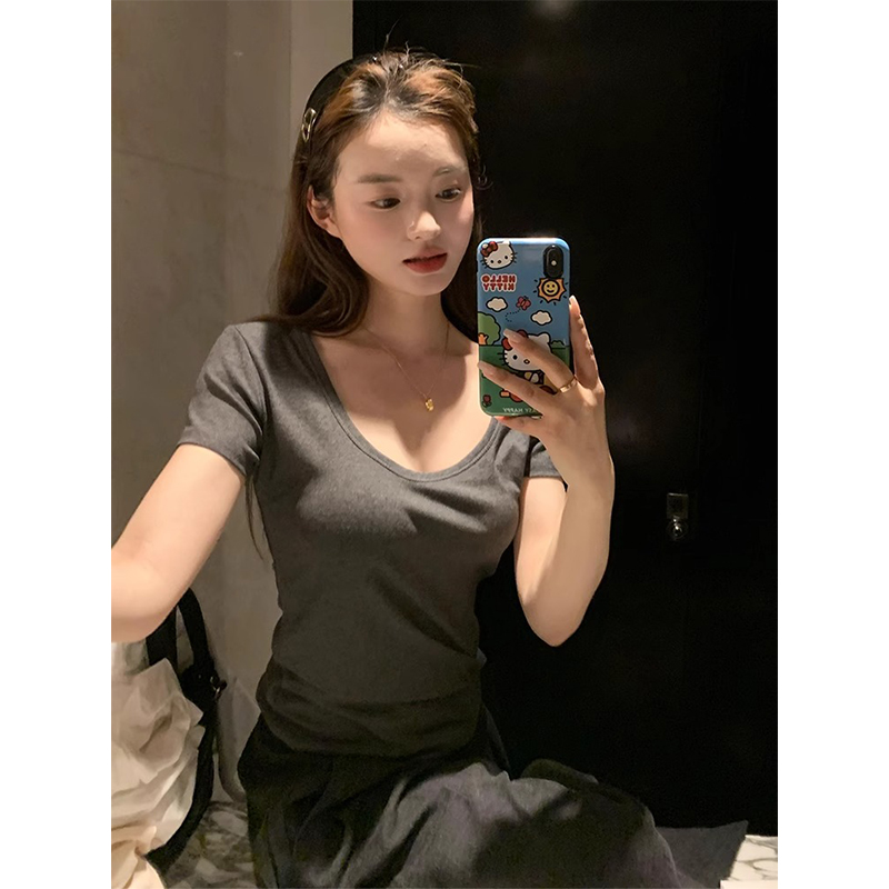 辣妹灰色大领口短袖t恤女夏季纯欲修身u领正肩内搭打底衫基础上衣