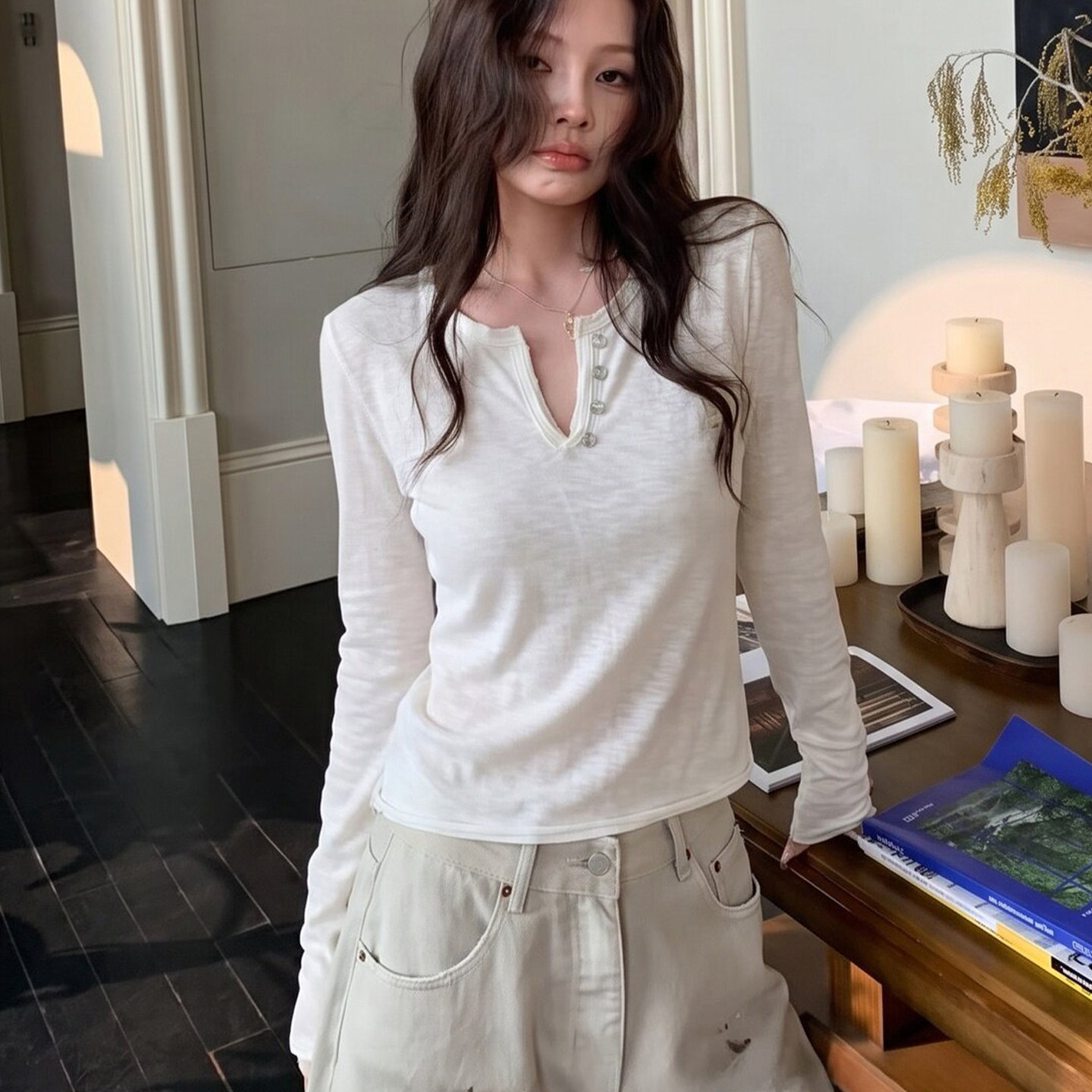 美式辣妹白色v领短款长袖t恤薄款