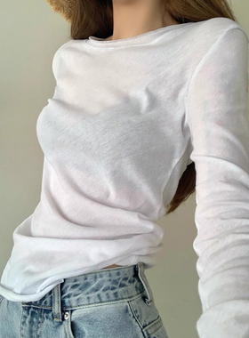 微透白色防晒罩衫长袖T恤女春秋季薄款修身正肩打底内搭辣妹上衣