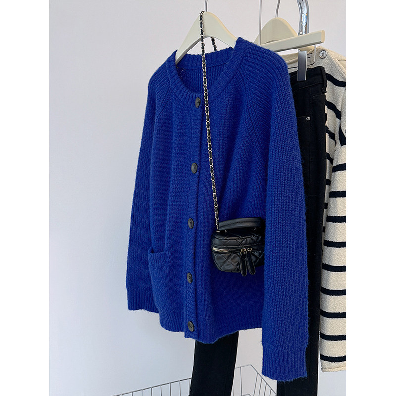 法式宽松克莱因蓝毛衣开衫外套女2025秋冬加厚软糯针织衫慵懒上衣,女装/女士精品,毛衣,淘宝优惠券,粉丝福利购,淘宝优惠卷