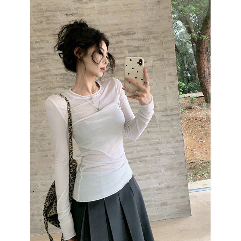 韩系白色圆领长袖t恤女春季绝美巨好看修身内搭打底罩衫薄款上衣