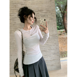 韩系白色圆领长袖t恤女春季绝美巨好看修身内搭打底罩衫薄款上衣